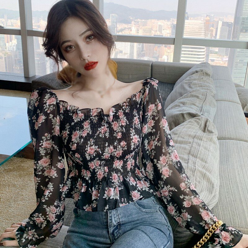 Coreano impressão chiffon blusa feminina casual floral impressão slash neck camisa moda manga longa blusas finas um tamanho