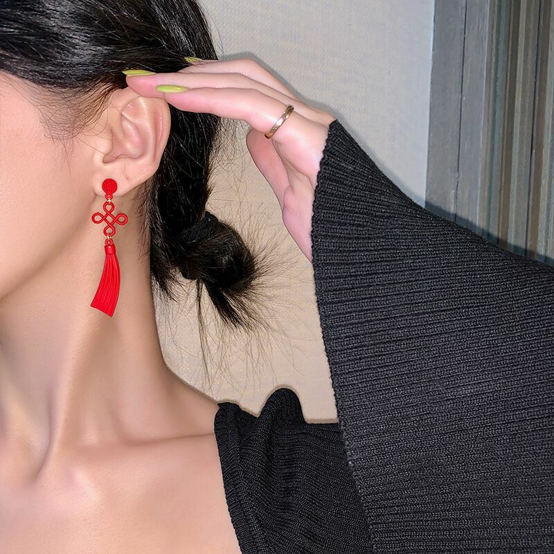 925 Silver Needle Red Chinese Knot Earrings Women's Fashion Long Face Slimming Earrings 2020 New Year Earrings