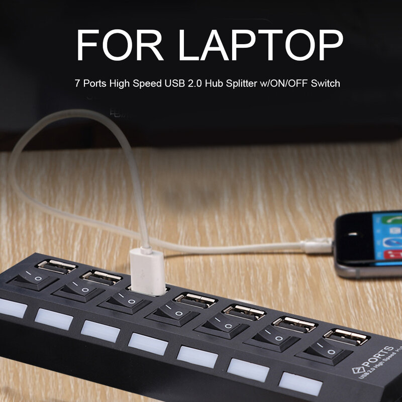 7 포트 USB 2.0 고속 허브 멀티 USB 분배기, 전원 어댑터 사용 PC 노트북 용 스위치 포함 다중 확장기