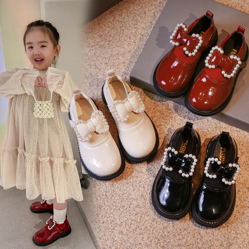 Детские кожаные туфли для девочек, Осенние однотонные туфли для принцесс с жемчугом и бантом на мягкой подошве, обувь на плоской подошве для...