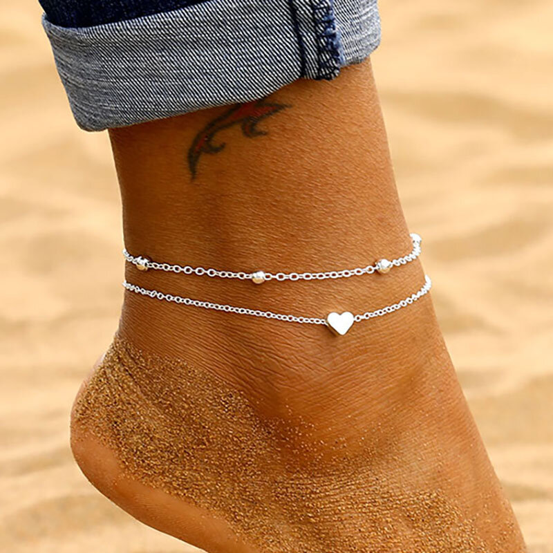 EN Vintage Silver Color Moon Pendant Anklet Set for Women Adjustable Charming Multilayer Foot Chains Ankle Bracelet Tobillera