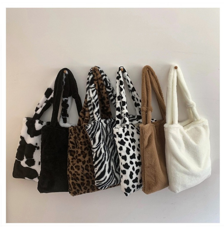Bolso de hombro con estampado de animales para mujer, bolsa de mano de diseñador, de felpa de leopardo, suave y esponjosa, para invierno, 2021