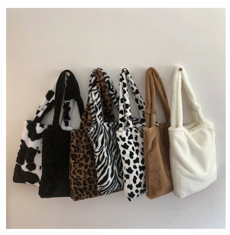 ออกแบบสัตว์พิมพ์ผู้หญิงกระเป๋าสะพายกระเป๋าแฟชั่น Leopard Plush Tote ฤดูหนาวนุ่ม Shopper กระเป๋าสำหรับกระเ...