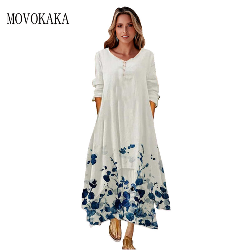 MOVOKAKA Frühling Weiße Kleider Frauen Lange Hülse Beiläufige Dünne Taste O Neck Lange Kleid Partei Vestidos Floral Print Kleid Elegante