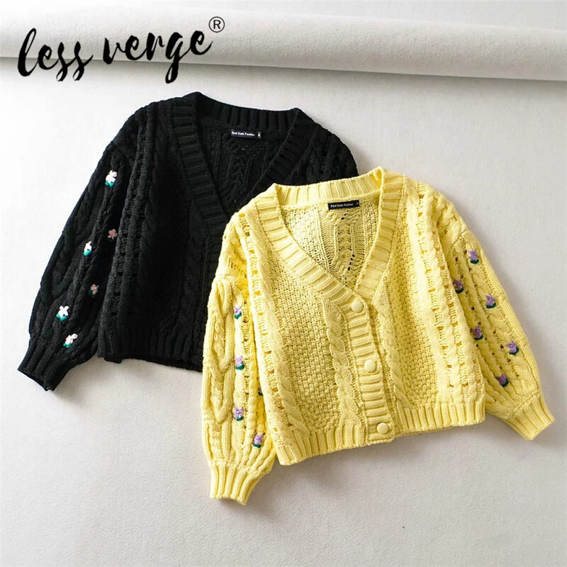 Lessverge Frauen Top Pullover Strickjacke Einreiher Taste Unten V-ausschnitt Oversize Cropped Woolen Vintage Street Style Pullover