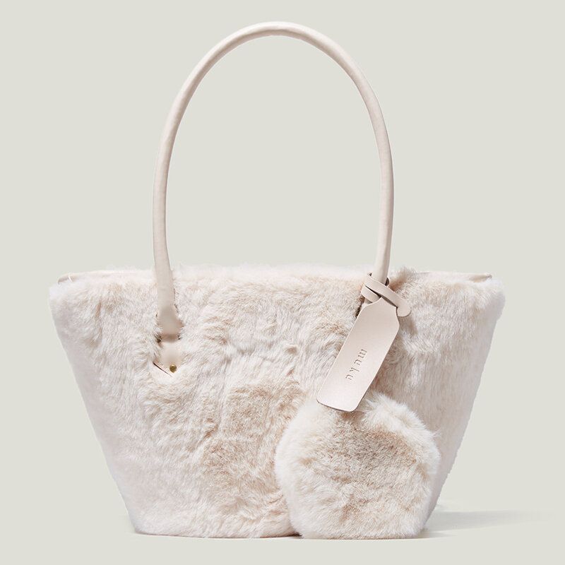 Bolso de mano de felpa para mujer, bolsa de mano de piel de invierno con cordón, con asa superior, informal, de diseñador, color blanco