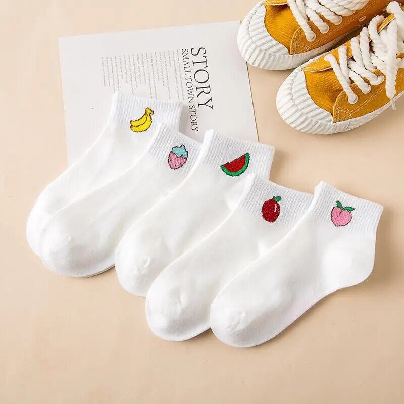 10個 = 5ペアのかわいいフルーツ柄女の子アンクルソックス韓国女性のスタイルのファッションショートソックスハッピー虹のストライプの靴下