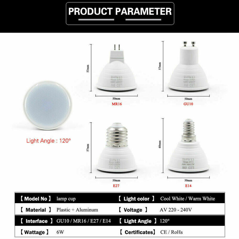 Foco de luz LED superbrillante para el hogar, bombillas E27, E14, GU10, MR16, COB, ampolla blanca, 2835, AC220V, 6W