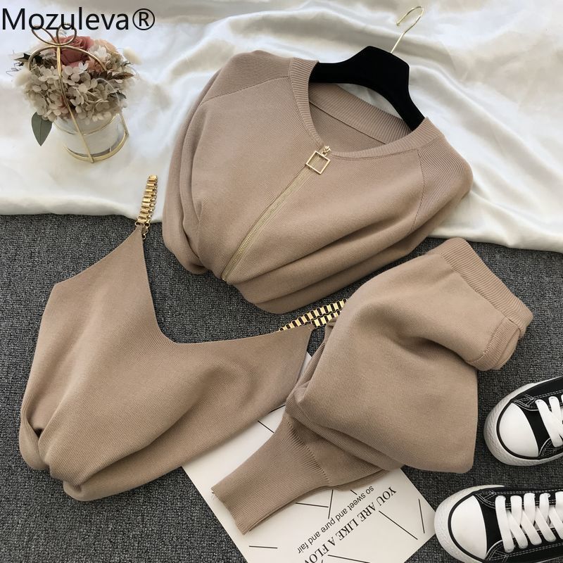 Mozuleva Nữ 2021 Thu Đông Dệt Kim Vest Dây Kéo Cổ Tim Quần 3 Bộ Tracksuits Trang Phục