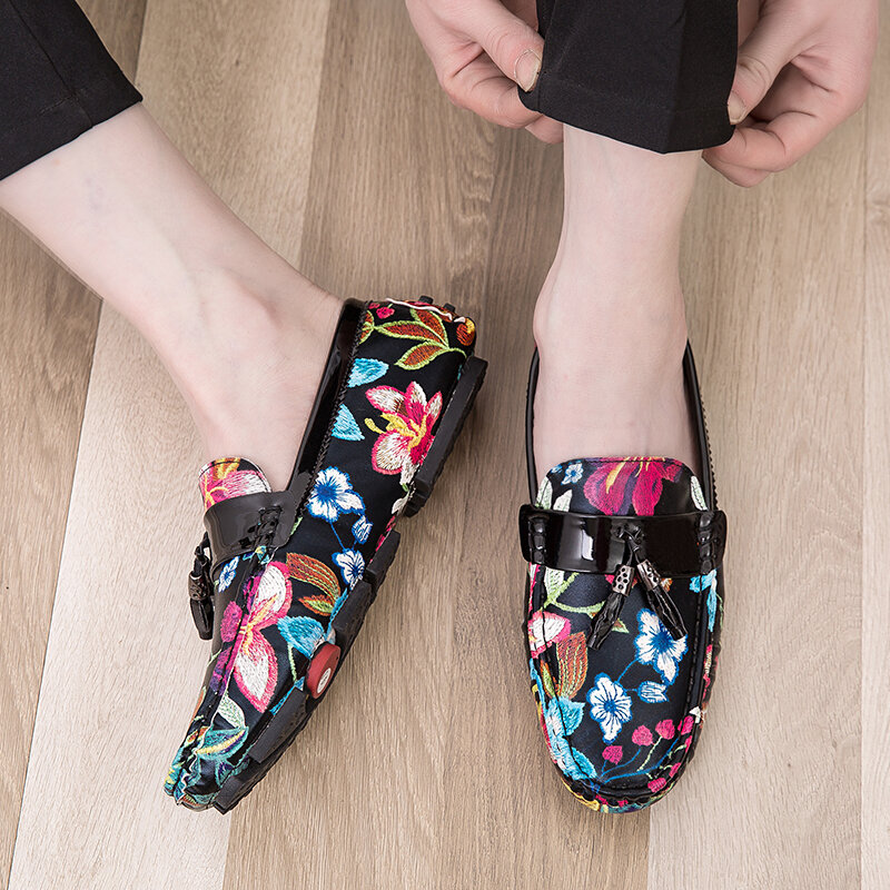 Mocassins masculinos floral impressão plana sapatos casuais respirável deslizamento em couro macio sapatos de condução homem mocassins 2022 designer de luxo