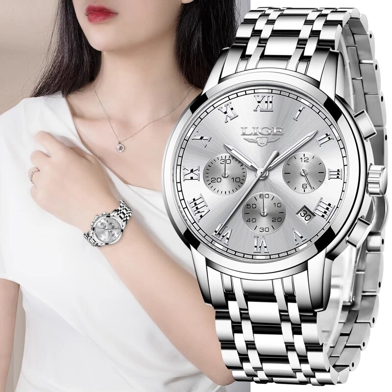 LIGE 2022แฟชั่นผู้หญิงใหม่นาฬิกาสุภาพสตรี Top ยี่ห้อ Luxury Creative เหล็กสร้อยข้อมือผู้หญิงนาฬิกาข้อมือนา...