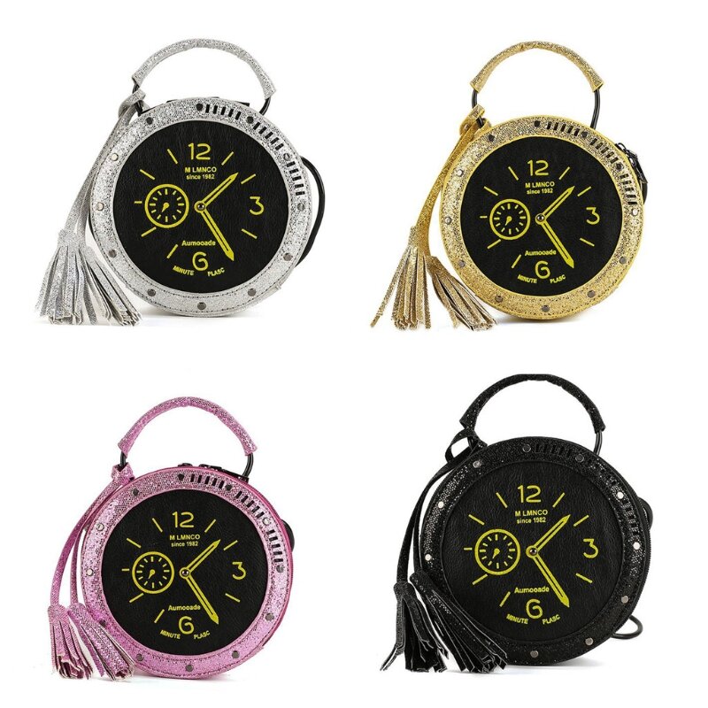 Women Clock Shape Crossbody Bag PU Leather Sequin Shoulder Bags Tassel Handbag L41B
