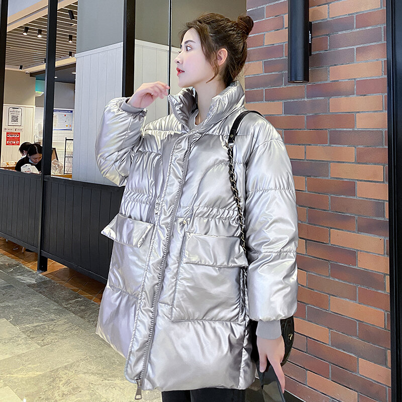 Jaket Panjang Wanita Musim Dingin 2021 Mantel Padat Mengkilap Kerah Berdiri Wanita dengan Saku Besar Mantel Dingin Wanita Kasual