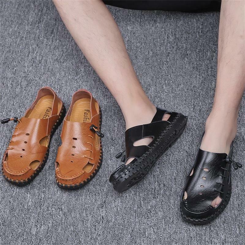 2021 nowe męskie buty jednokolorowe PU Hollow oddychające kreatywne ręcznie szyte boczne gumką moda casualowe sandały 3KC280