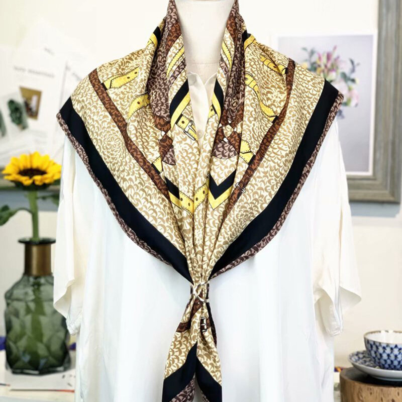 Foulard carré en soie pour femmes, 90x90cm, marque de luxe, chaînes, doux, Hijab, nouvelle mode
