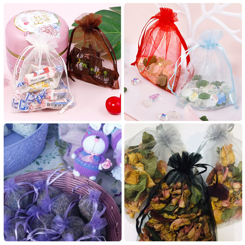 Bolsas coloridas de Organza con cordón para joyería, embalaje de joyería, bolsas de regalo de boda, 22 colores, 5x7, 7x9, 9x12cm, 50 Uds./lote