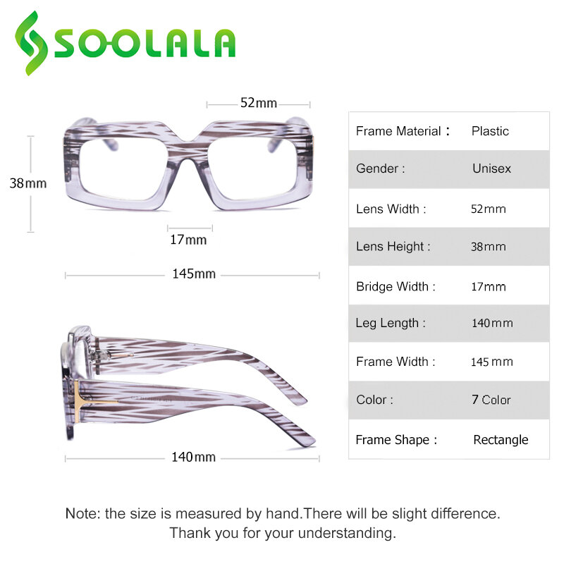 SOOLALA 직사각형 안티 블루 라이트 독서 안경 여성 전체 프레임 와이드 암 클리어 렌즈 Farsighted Reader Presbyopic Glasses