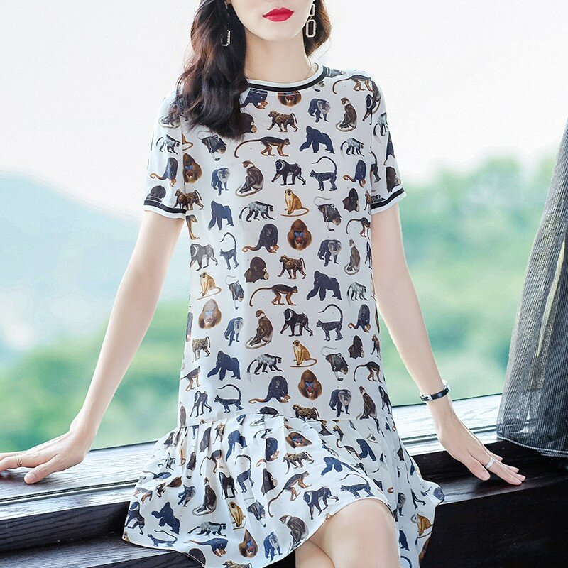 Yg Brand Women's 2021 Summer New Cartoon Animal Silk Print Loose Waist Dress Short Sleeve Skirt
