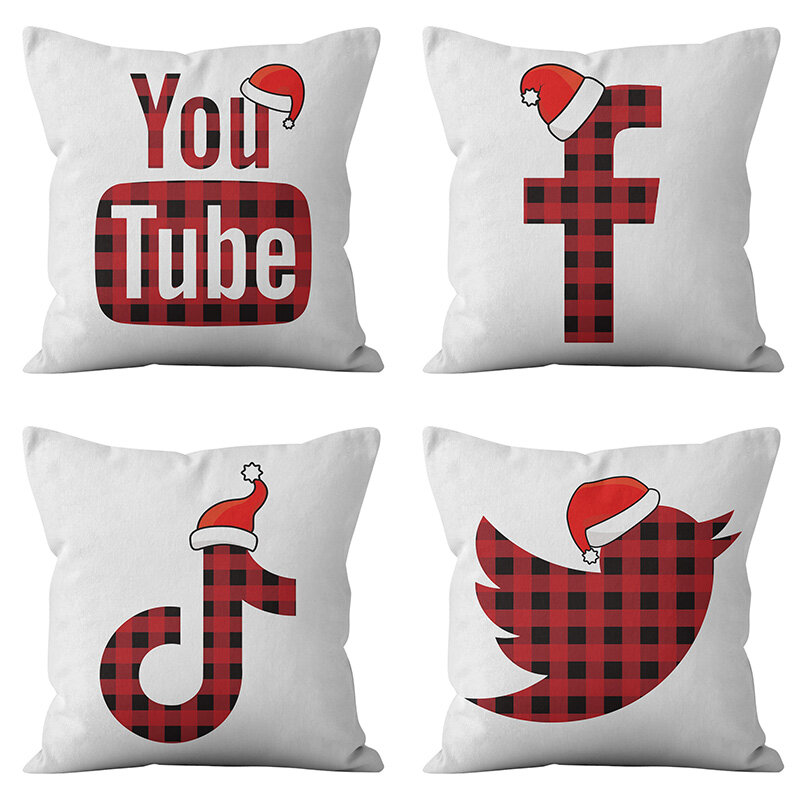 App logotipo jogar travesseiro caso tartan social app com chapéu de natal coxim capas para casa sofá cadeira fronhas decorativas