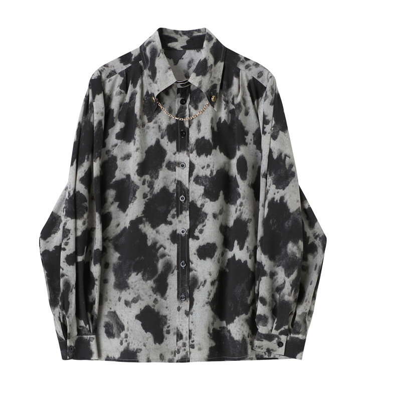 Camisa feminina vintage com botão, blusa fashion para mulheres, manga comprida com estampa, camisa solta para outono 2021