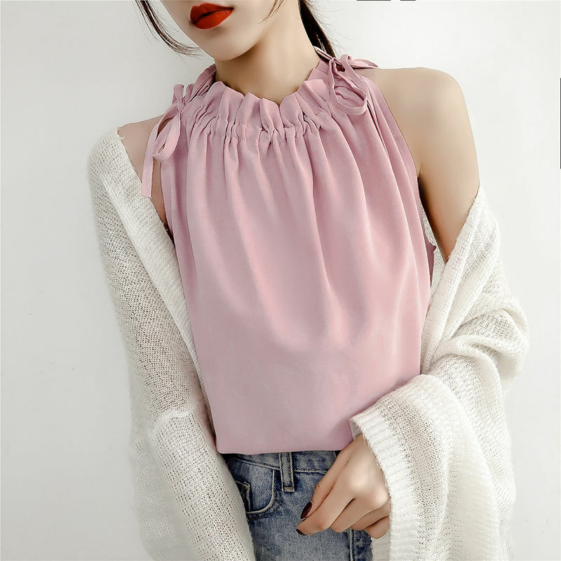 Top con cuello colgante y hombros descubiertos para mujer, versión coreana con cuerda, sin mangas, Camisa de gasa, fondo, novedad de verano de 2021