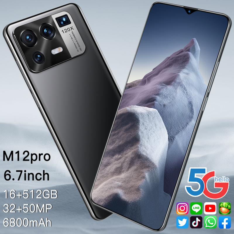 M12pro Ponsel Pintar Versi Global 6.7 Inci Layar HD 5G Sinyal 16G 512G 32MP 50MP Kamera Pengenalan Wajah Android 11 Penjualan Terbaik