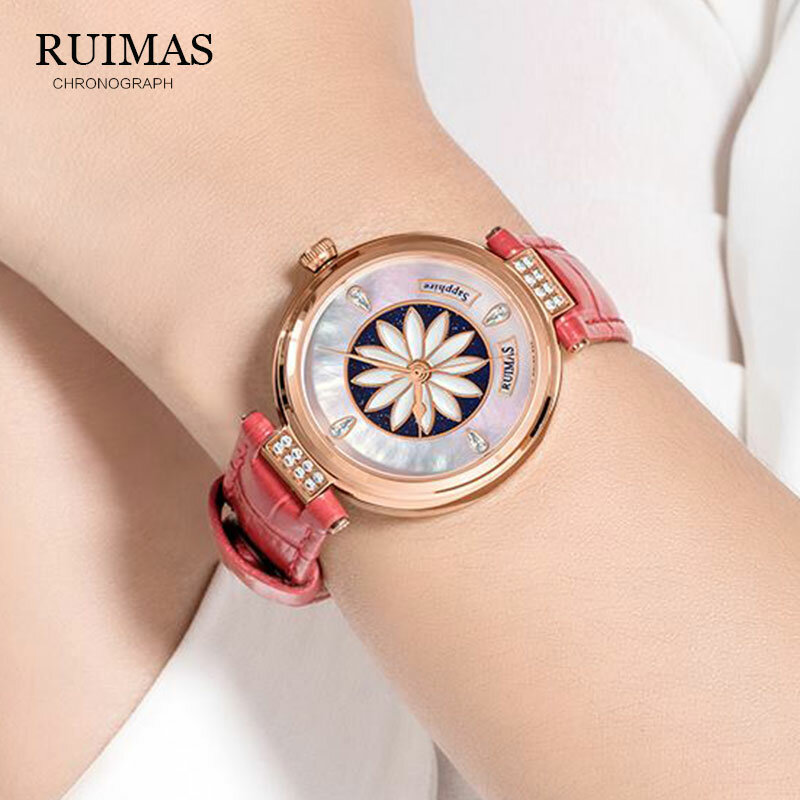 RUIMAS-ساعة يد جلدية فاخرة للنساء ، ساعة يد ميكانيكية ، أنيقة
