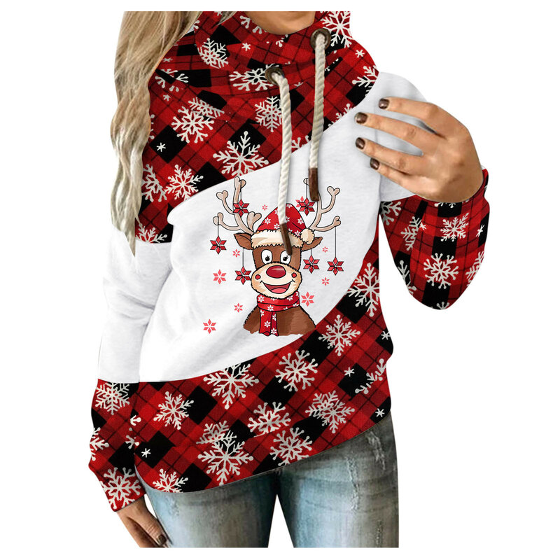 Women Casual Hoodies Vintage Christmas Printed Contrast Splice Long Sleeve Hoodie Sweatshirt Strap Tops Winter Clothes L*5