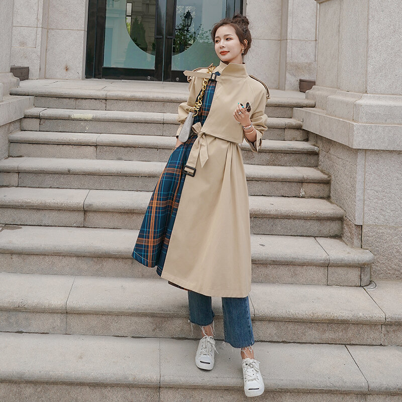 Windbreaker หญิงคอนทราสต์สีเย็บสไตล์เกาหลี2022ฤดูใบไม้ผลิฤดูใบไม้ร่วงลำลอง Long Trench เสื้อผู้หญิงเสื้อผ้า