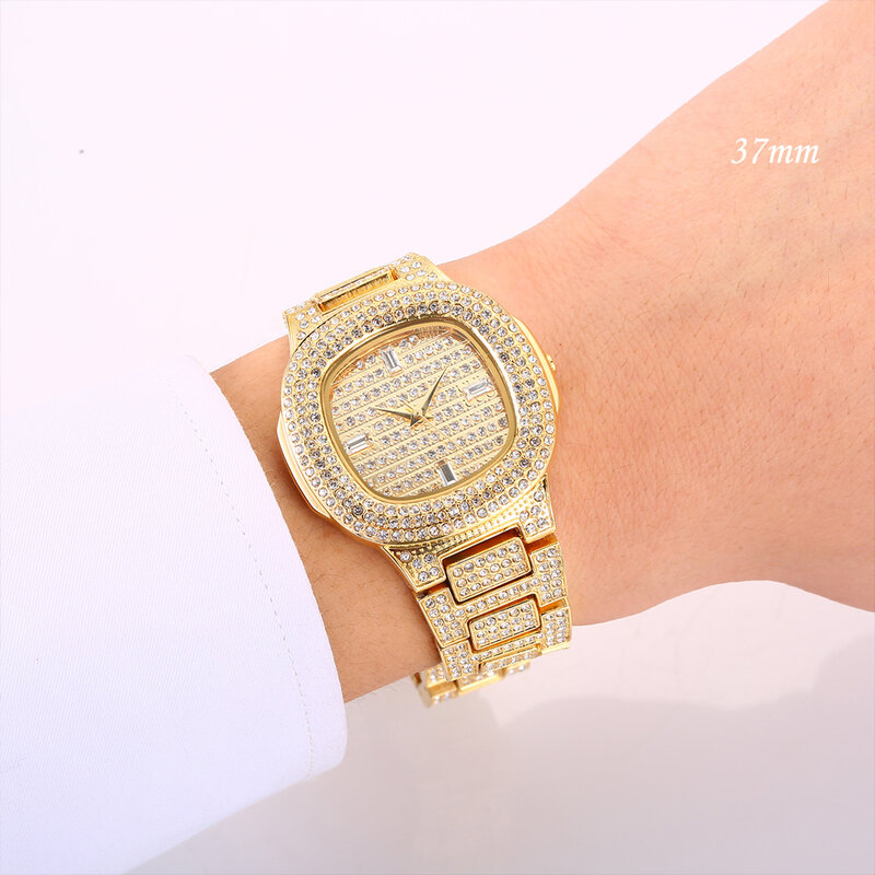 Reloj de cuarzo con diamantes ostentosos para Hombre y mujer, cronógrafo de acero inoxidable dorado, estilo Hip Hop, Unisex