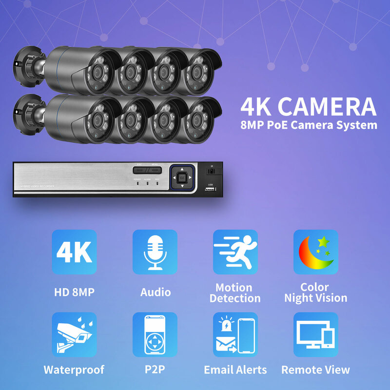نظام مراقبة الصوت من غادينان H.265 POE NVR بدقة 8 ميجابكسل ودقة 8CH فائقة الدقة 4K نظام أمان فيديو بالألوان الكاملة في الهواء الطلق مجموعة تسجيل كاميرا CCTV IP