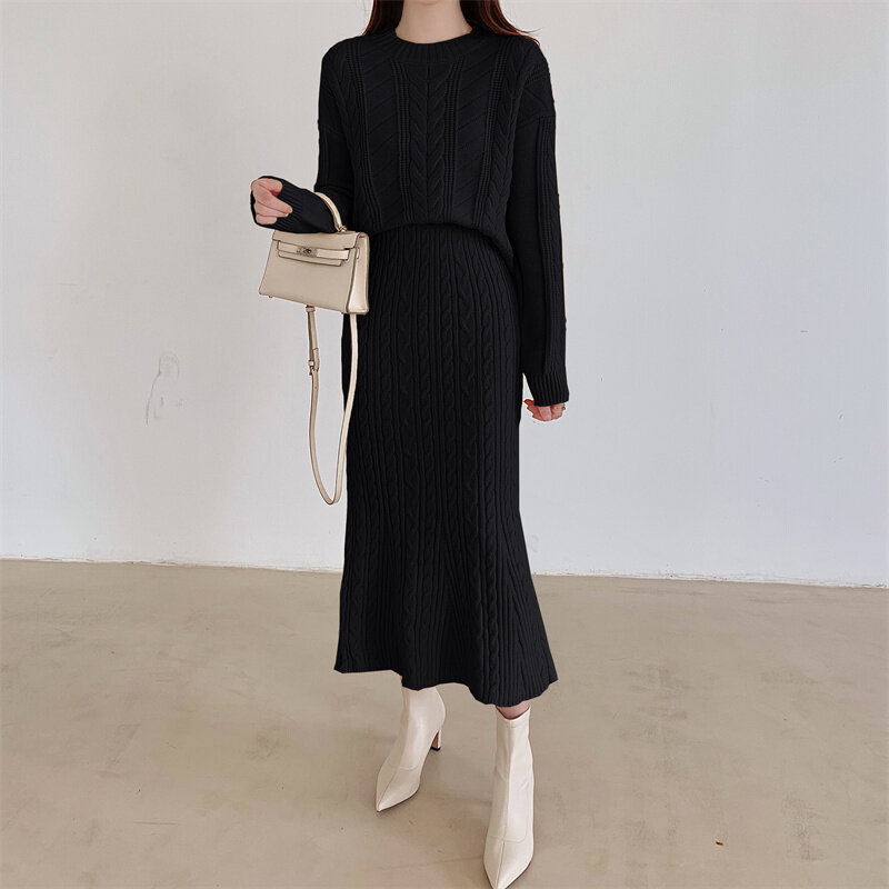 Autumn Winter Pullover Twist Blouse Tops High Waist A-Line Skirt 2 Piece Set Office Lady Sweater Suit Fashion Knitted Outfits