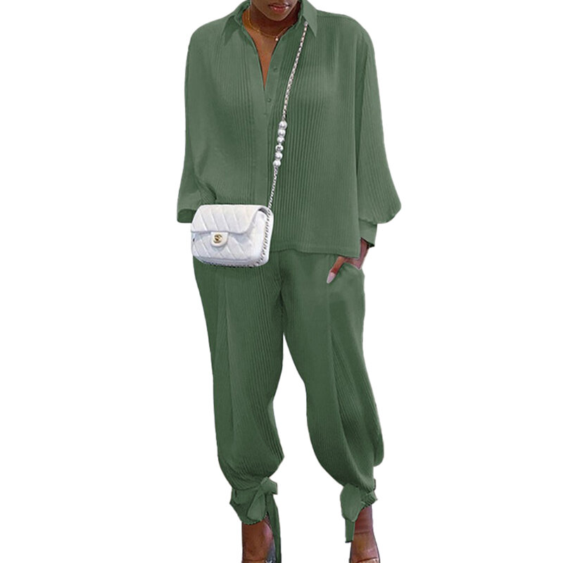 Hirigin conjunto com duas peças de vestuário feminino, blusas e calças, casuais, sólido, manga comprida, gola em v, camisa solta, calças compridas, 2020