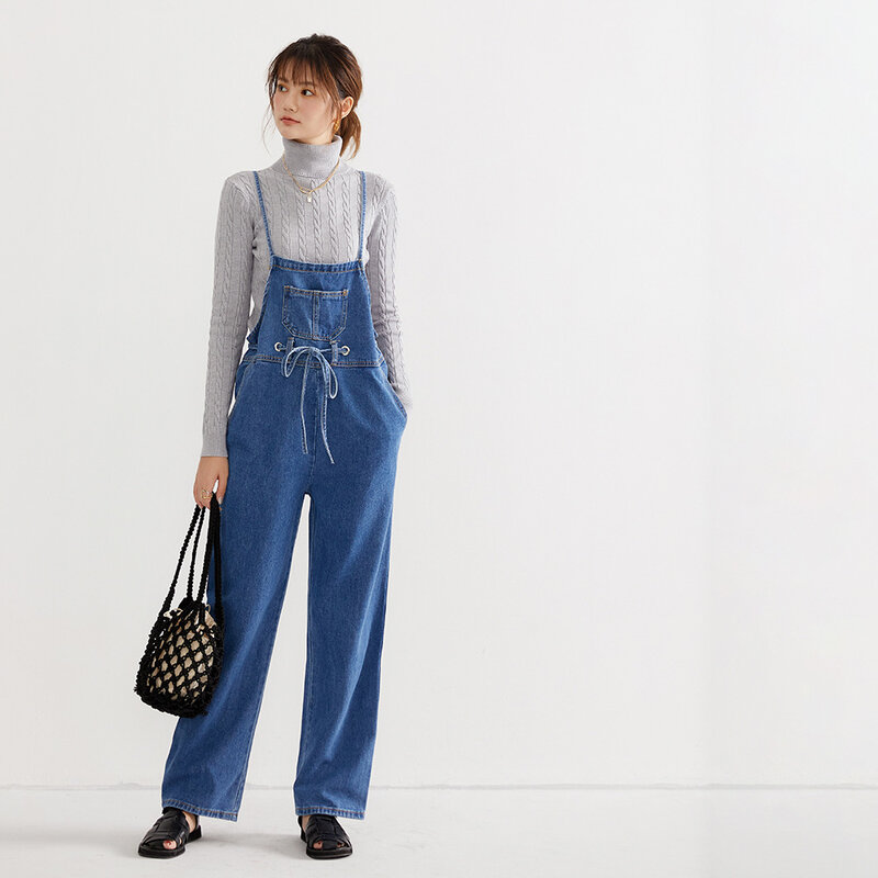 Herbst frauen Overall 2021 Volle Länge Tasche Lace-Up Lose Beiläufige Feste Hosen Koreanische Stil Damen Kleidung Weibliche lange Jeans
