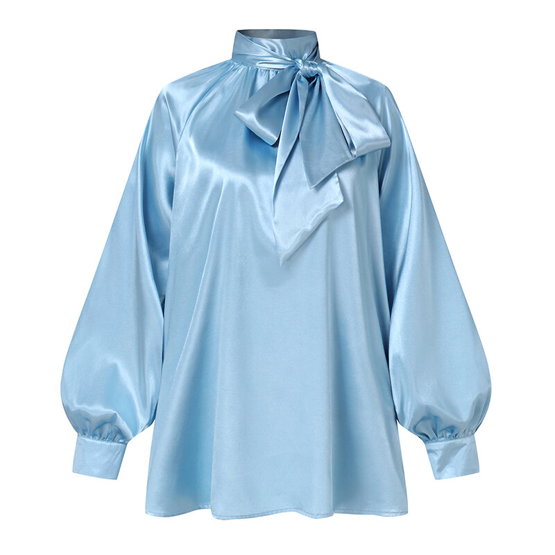 Frauen Satin Bluse Elegante Laterne Ärmel Einfarbig Plissiert Top 2021 VONDA Weibliche High Neck Button Up Büro Damen Shirts
