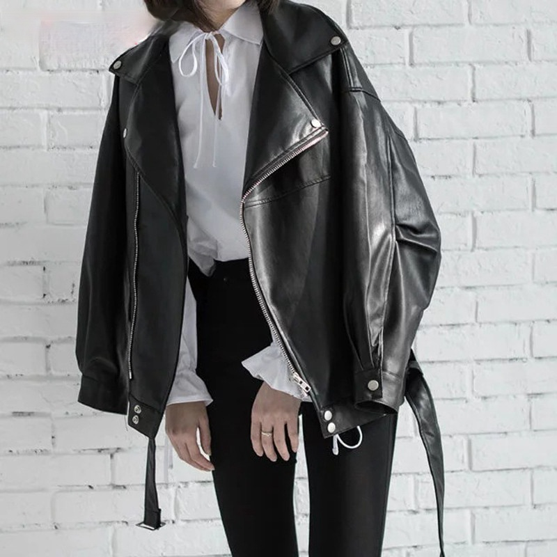 abrigo corto negro co Chaqueta holgada de piel sintética para mujer 
