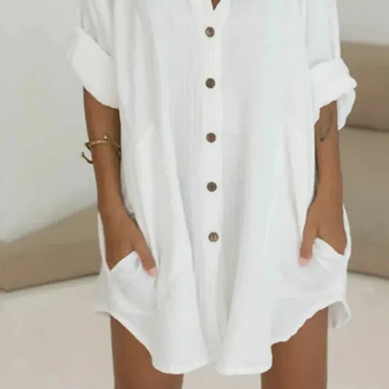 Summer Women Casual Loose Daily Wear White Long Shirts Stand V Neck Solid Color Button Pocket Design Long Sleeve Fashion Top
