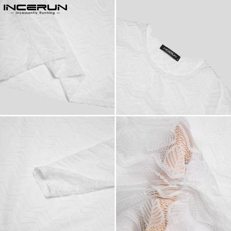 INCERUN-Camiseta Jacquard informal para hombre, camisa de manga larga con cuello redondo, microtransparente, estilo elegante, S-5XL, novedad de 2021