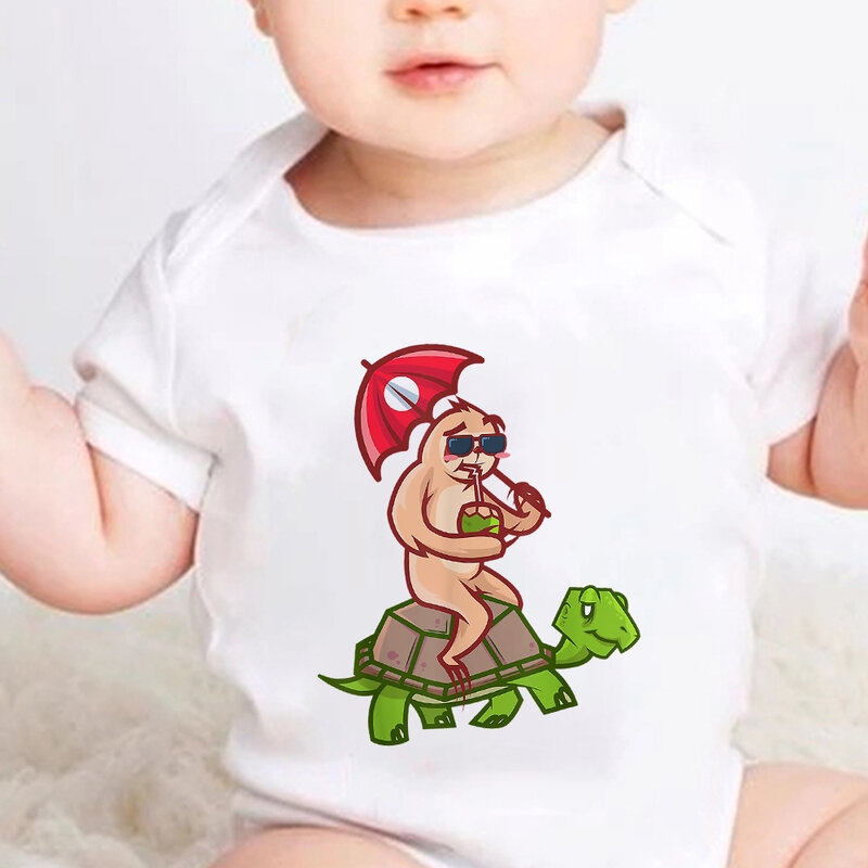 Engraçado tartaruga preguiça impresso 2021 novo estilo roupas de bebê bonito dos desenhos animados animal das crianças roupas verão recém-nascido macacão