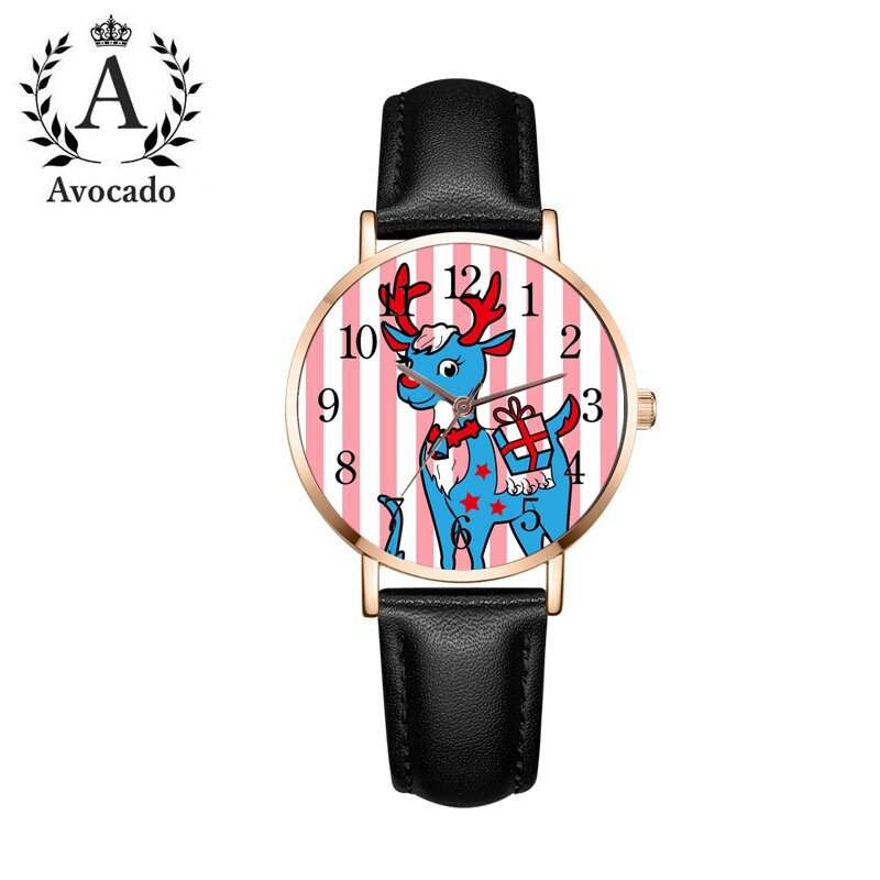 Chica nueva rayas Rosa Fawn cuarzo Digital Reloj de cuero de la mujer reloj de pulsera, regalo de Navidad