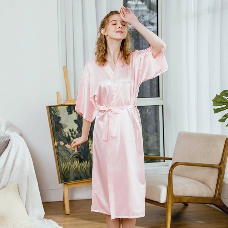 Pijama feminino estilo camisola de seda, roupão feminino cetim cor sólida manga média