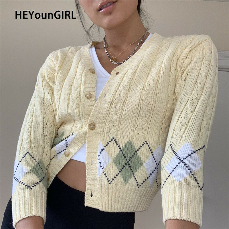 HEYounGIRL-Chaqueta corta de Argyle para mujer, suéter de punto informal con cuello de pico, ropa de calle Vintage, amarilla, Y2K, otoño