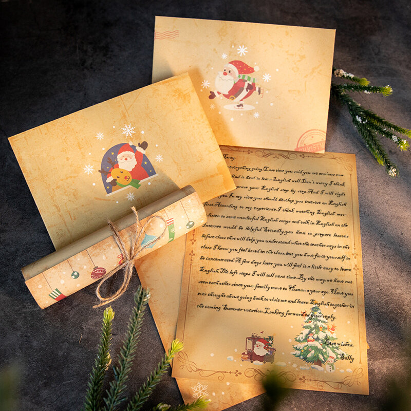 6Sets Kerst Kraft Brief Pad Envelop Retro Kerstman Brief Papier Xmas Party Uitnodiging Gift Envelop Met Accessoires