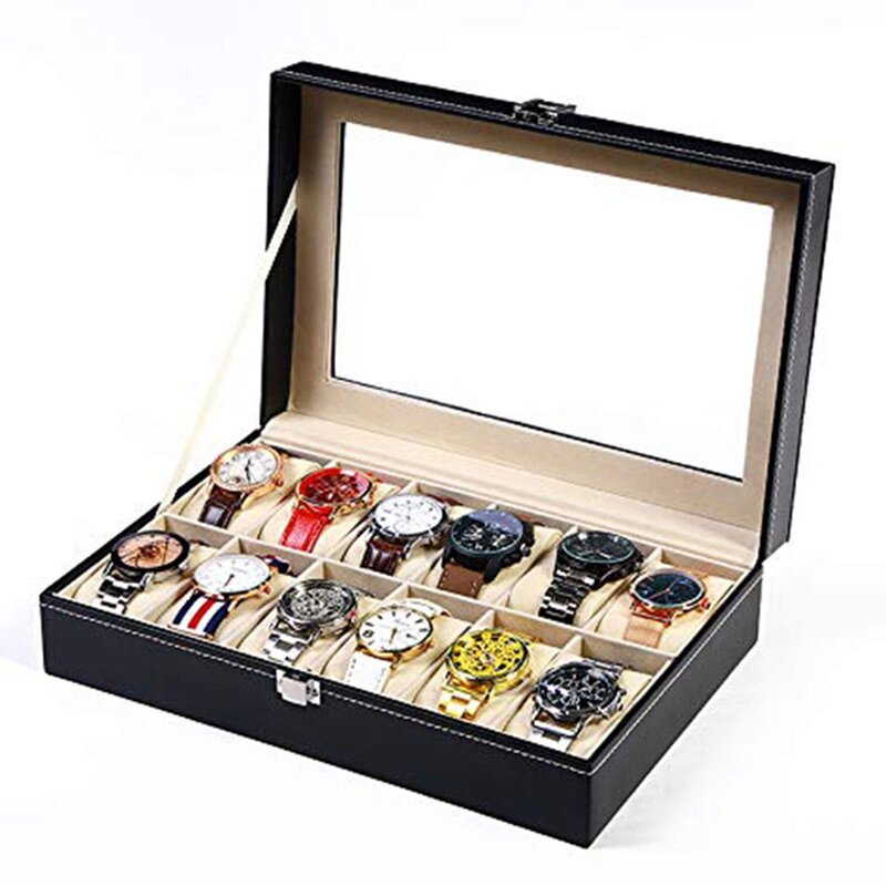 Cuir synthétique polyuréthane noir 2/3/6/10/12/8 + 2 fentes montre-bracelet présentoir boîte de rangement boîtes à bijoux neutre/pour montre