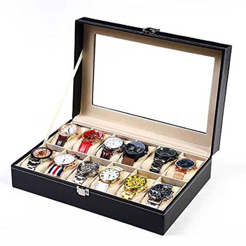 Zwart Pu Lederen 2/3/6/10/12/8 + 2 Slots Polshorloge Display Box Opslag houder Organizer Case Sieraden Dozen Neutrale/Voor Horloge