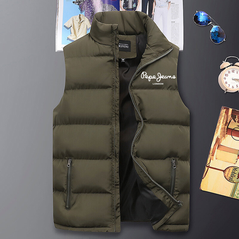 男性用のプリントウエストとノースリーブのジャケット,厚いスタンドカラーのストリートウェア,無地,秋冬