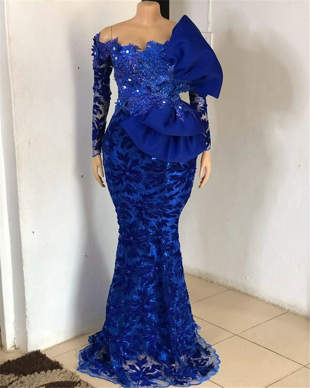 Royal Blue African Evening Dresses Lace Beaded Off The Shoulder Mermaid Wedding Party Gowns Lace Bridal Dress Robes De Soirée