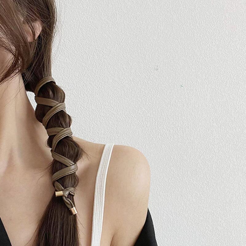 Coletero largo de cuero para mujer, cinta para el pelo, accesorios para el cabello 2021