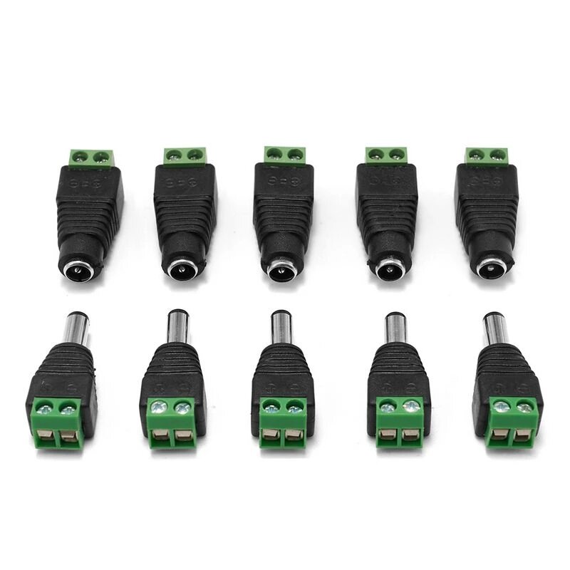 Conector de adaptador de energia dc, 5 pares 2.1x5.5mm fêmea macho conectores dc para luzes de tira led cctv câmera
