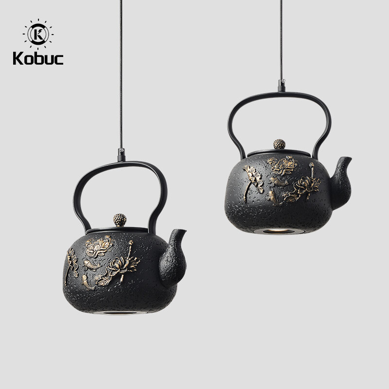 Металлический чайник Kobuc в китайском стиле, 8 Вт, светодиодные подвесные светильники для столовой, кухни, домашний художественный декор, под...